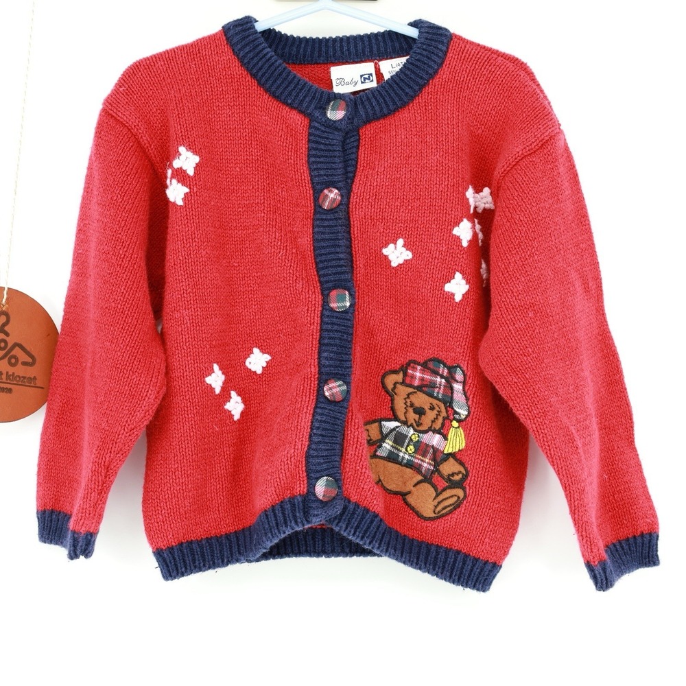 Vintage 90s Baby‎ N Teddy Bear Knit Cardigan Sweater Red Plaid 4T Ramie Blend